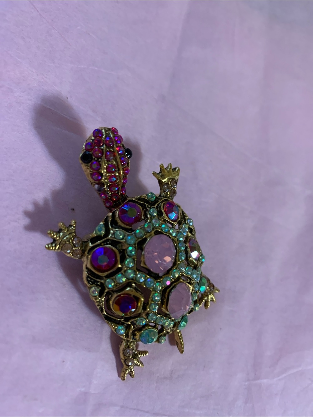 Gold-Tone Turtle Brooch with Pink and Teal Crystals